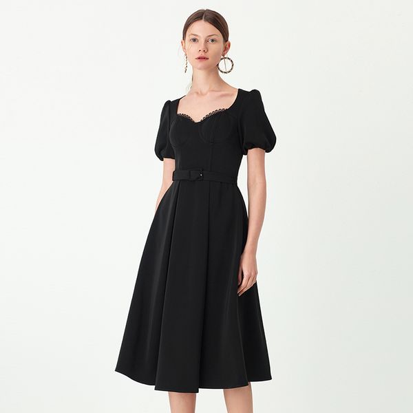 

yigelila новые поступления женщины старинные фонарь рукав платье сплошной квадратный воротник с поясом платье империи тонкий средней длины 6, Black;gray