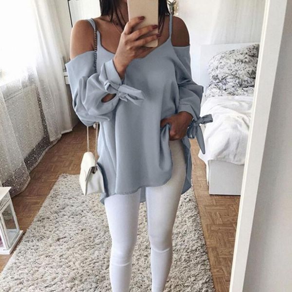 

womens designer clothes designer shirt women summer long sleeve t shirt casual off shoulder loose solid loose lace up top, White