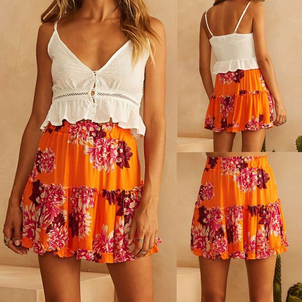 

summer skirt women ladies floral printing a-line splice folds casual loose high waist skirt mini wild skirts womens harajuku, Black