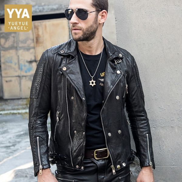 

luxury mens short slim genuine leather jacket buckle tanning sheepskin coat zipper designer motorcycle jacket biker outerwear, Black