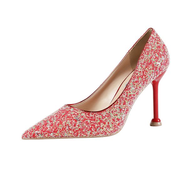 

9.5cm pumps 2020 korean style high-heeled web celebrity fairy wind sequins single shoe thin and versatile women's shoes, Black