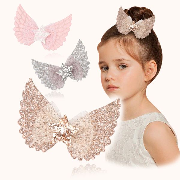 

girls hair bow clips wing star sequins barrettes hairbow child crystal hairpin baby hair head accessories, Slivery;white