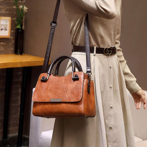 

women handbag bag women's 2019 new vintage slant bag one-shoulder leather cowhide women's boston