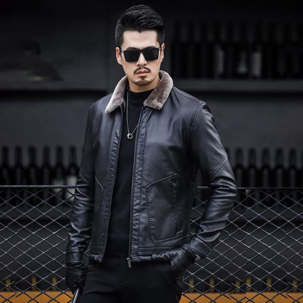 

faux leather jacket men winter plus velvet collar jacket men pocket long sleeve artificial leather outwear business coats de14, Black