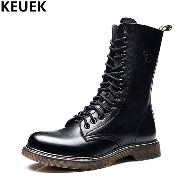 

big size vintage men mid-calf army boots lace-up genuine leather motorcycle boots non-slip wear-resistant outdoor work 3a, Black
