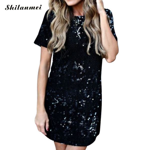 

sequins gold dress 2018 summer women short sleeve mini t shirt dress evening party elegant nightclub wear short dresses, Black;gray