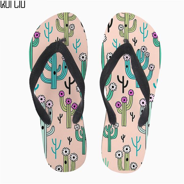 

customized fashion green cactus printing women's slippers flip flops flats home teen girls slip-on sandals flipflops for ladies, Black