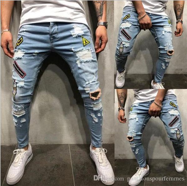 

mens hole patch jeans fashion embroidered printed pants zipper elastic force casual hip hop pencil pants, Black