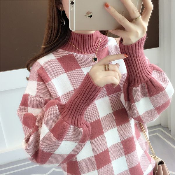 

осень зима водолазка вязаный свитер женщины 2019 повседневная элегантный плед пуловер свитера свободные femme корейский перемычка топы f536, White;black