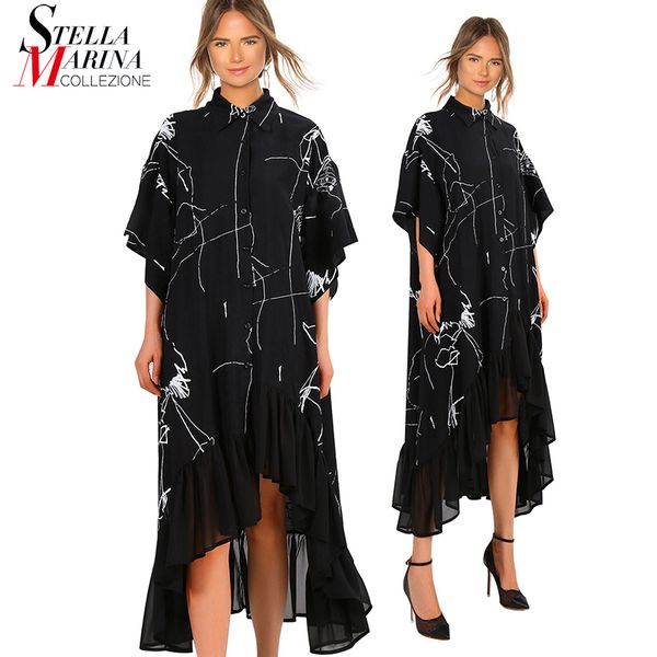 

новый 2019 лета женщин плюс размер длинные черный ретро повседневная рубашка платье ruffle нерегулярные stripes печати lady элегантное плать, Black;pink