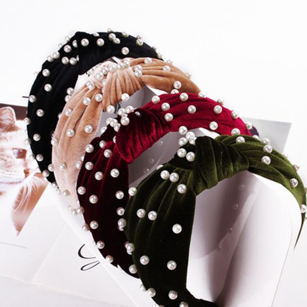 

pearl velvet knot wide hairband for women knotted korean solid soft headband handmade hair hoop band girls hair accessories jewelry, Silver