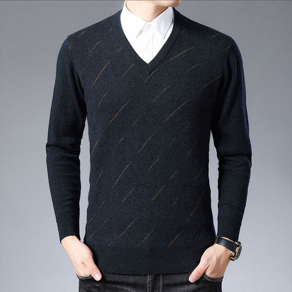 

100% pure wool sweater men v-neck sweater business casual loose men 2020 new men's bottoming shirt, White;black