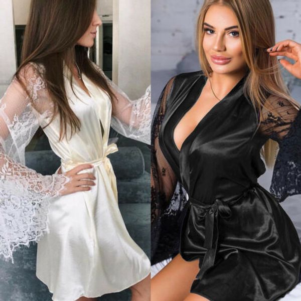 

2019 women through mesh lingerie bath robe contrast color eyelash floral lace patchwork nightgown satin belt sleepwear, Black;red