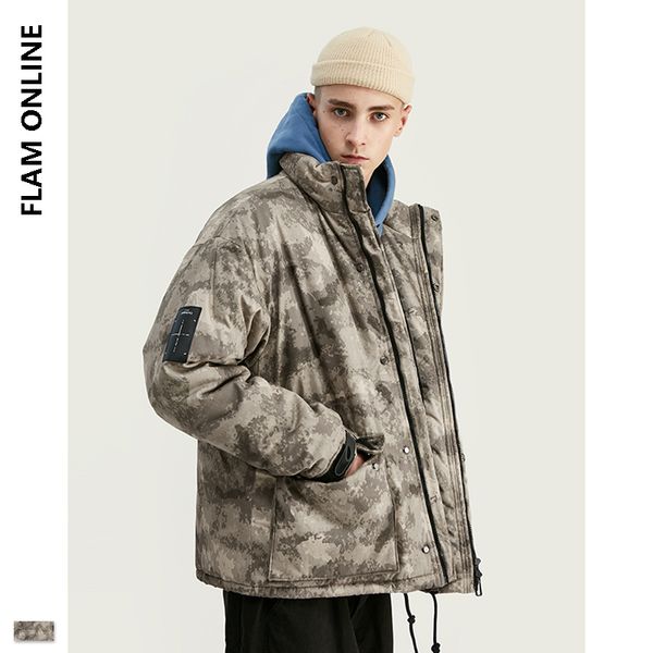 

flam online 2019 winter design tall men parka jacket light camo print loose fit men parka jacket with functional pockets, Tan;black