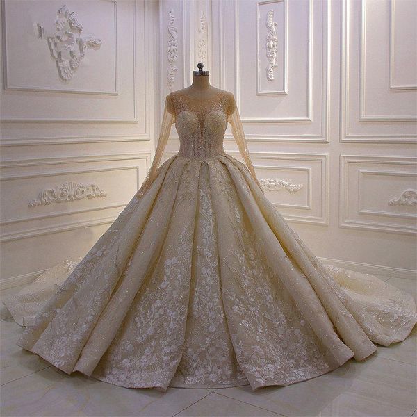 Abito da ballo di lusso Abiti da sposa Manica lunga Gioiello Collo Perline Appliques Pizzo Arabo Abiti da sposa Abiti da sposa in cristallo