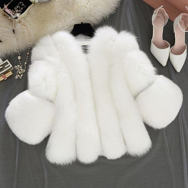 

fashion artificial fox fur coat women girls 3/4 sleeve fluffy faux fur short thick coats jacket furry party overcoat 2018 winter, Black