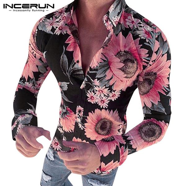 

incerun fashion men shirt floral printed brand casual long sleeve turn-down collar blouse slim streetwear hawaiian shirts 2019, White;black