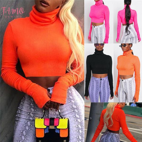 

us stock women turtle neck crop ladies long sleeve plain t shirt drop shipping good quality, White