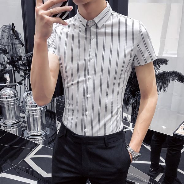 

brand new summer short sleeve men striped shirts fashion 2020 business formal wear shirt men slim fit casual blouse homme 3xl, White;black