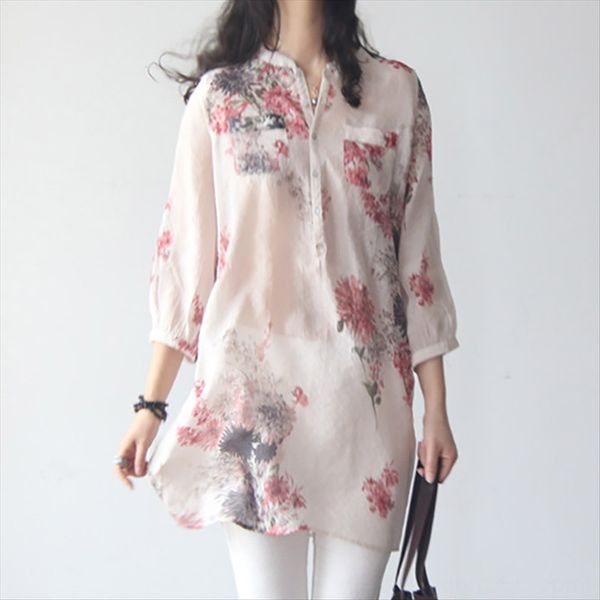 

cotton and linen short-sleeved t-shirt female summer loose large size floral ethnic style mother seven-sleeve t-shirt nationality medium-lon, White