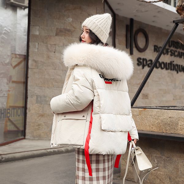 

fashion letter design womens winter jacket cotton padded warm thicken big fur collar ladies short coats parka womens jackets, Black