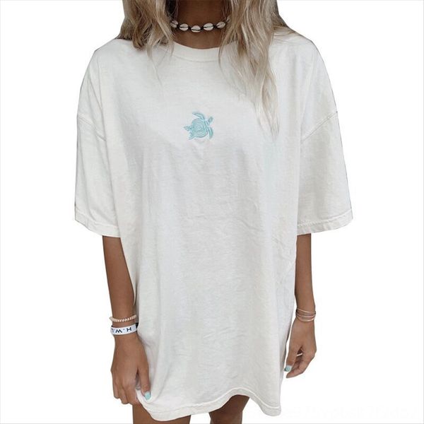 

2020 little turtle embroidery short-sleeved round collar loose large size female t-shirt 2020 little tortoise tortoise turtle embroidery sho, White