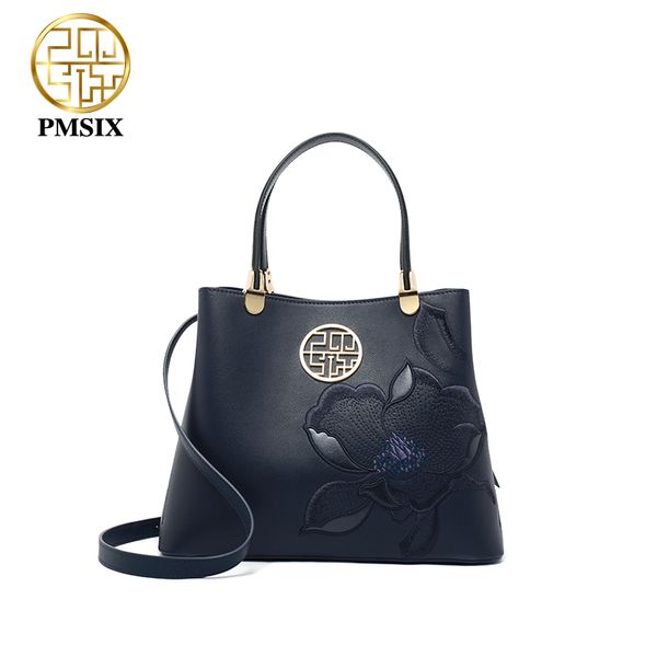 

pmsix cow leather women's shoulder bag embroidery female handbags lady tote large capacity bucket bag 2020