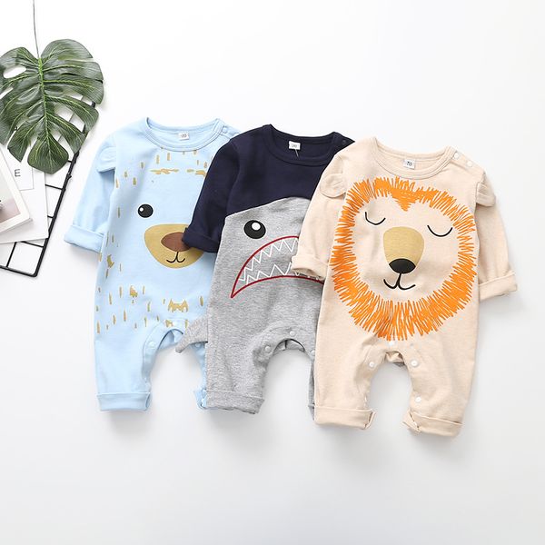 

baby romper newborn infant boys girls cartoon animal lion printed cotton romper jumpsuit ins new autumn kids cute long sleeve clothing, Blue