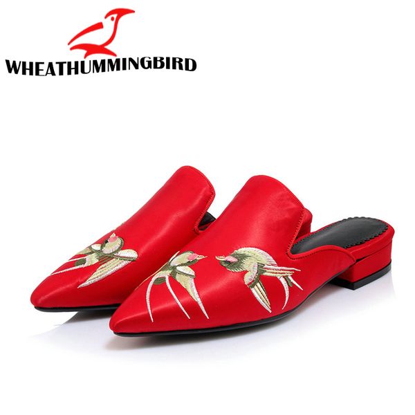

size 34-43 women retro silk embroidery summer heel 2.5cm height pointed toe slippers lady slip on mules boho dress shoes ma-48, Black