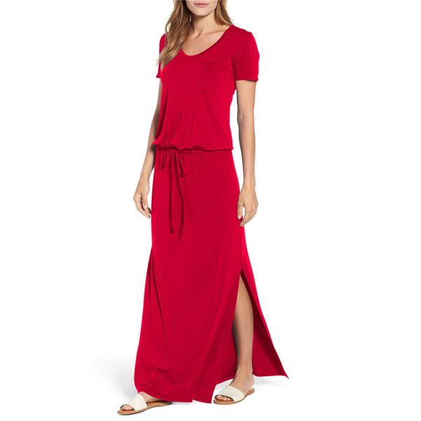 

Solid With Pocket And Sashes Summer Dress Fashion Sexy Split Womens Dress Brief Casual Designer Dress