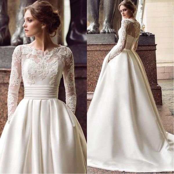 

vintage long sleeve wedding dresses a line sheer jewel neck lace appliqued satin long bridal gowns with pockets bc2486, White