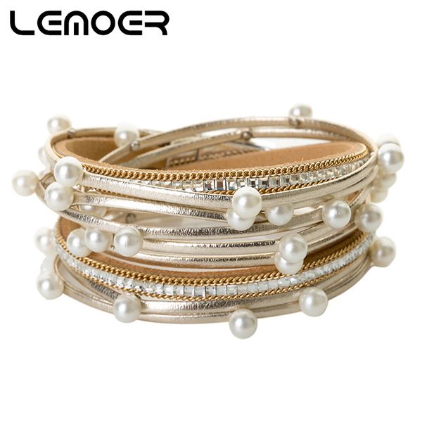 

lemoer fashion long multiple layers wrap leather bracelets & bangles pearl charms bracelets magnetic jewelry for women gift, Golden;silver
