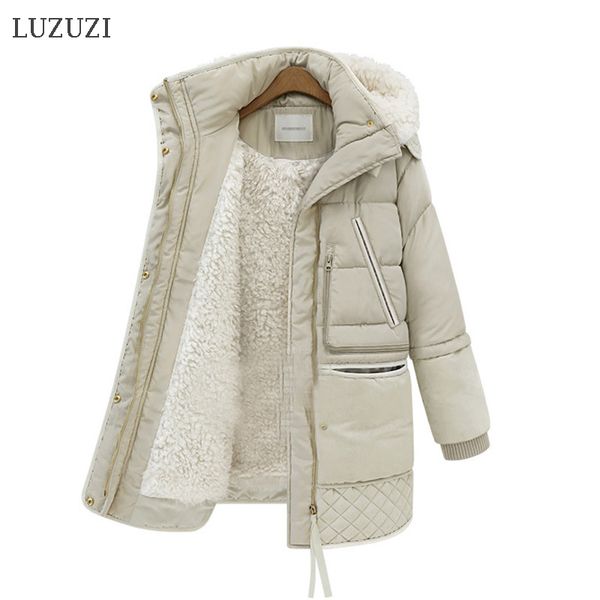 

luzuzi 2019 winter women's down jacket cotton coat thicken long slim hooded parker coat women's jacket warm wool apparel, Black