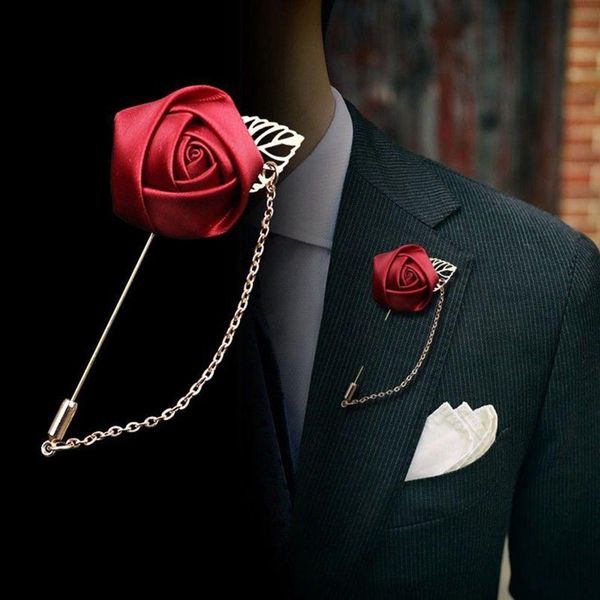 

1pc women men's suit gold leaf rose flower brooches lapel pins canvas fabric ribbon tie pin collar flower long needle with chain, Gray