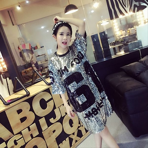 

61# clothing t- clothing nightclub clothes long shirt with middle sleeve loose sequins t-shirt ds bar performance clothes, White