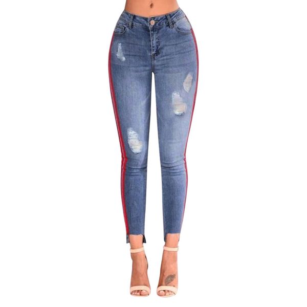 

high-waist ripped stretchy hole pencil jeans for women slim stretch denim trousers boyfriend bodycon trousers mom jean pants, Blue