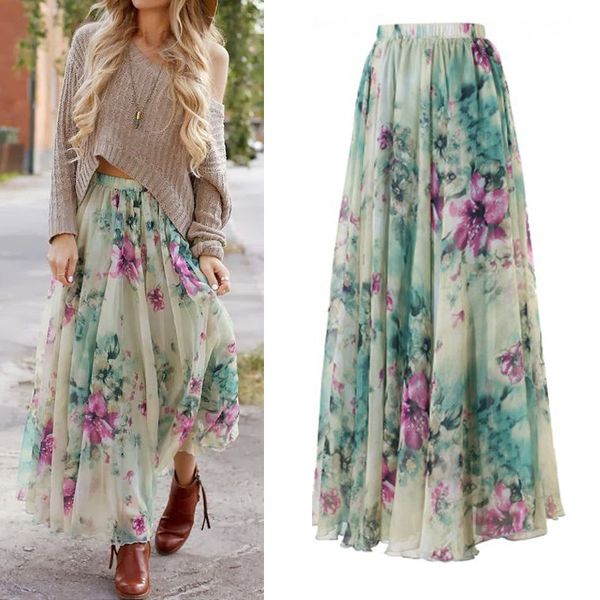 

womens bohemian long maxi full skirt floral summer beach skirts, Black