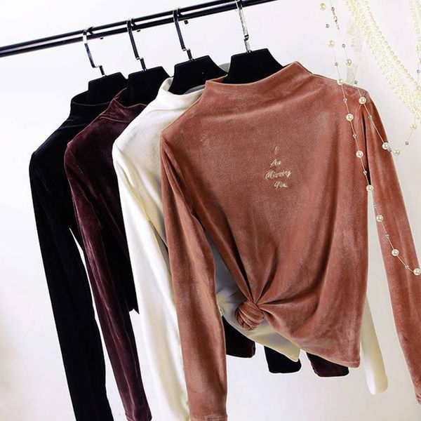 

women korean letter print velvet casual turtleneck plush pullover spring warm wool bottoming loose shirt cashmere, White