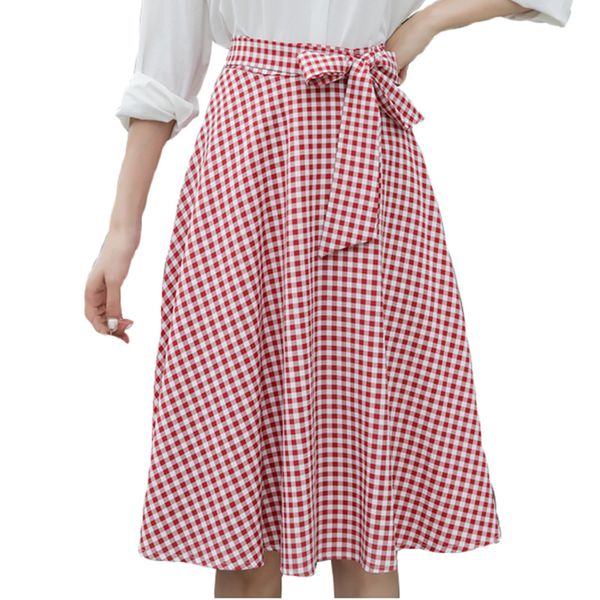

red black plaid printed swing skirt with bow high waist retro vintage pin-up a-line midi skirts summer women party skater jurken