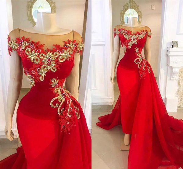 

islamic red mermaid evening pageant dresses with detachable train 2020 luxury beaded lace sheer neck cap sleeve prom gowns, Black;red