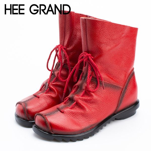 

hee grand women winter warm ankle boots lace up platform women boots genuine leather shoes woman casual flat creeper xwx7056, Black