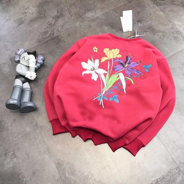 

женщины сливы красный плюшевый цветок печати круглый o шеи плюша толстовка пуловер, Black