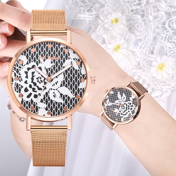 

luxury watch women dress bracelet watch fashion simple elegant floral dial without scale ladies mesh with quartz #50, Slivery;brown