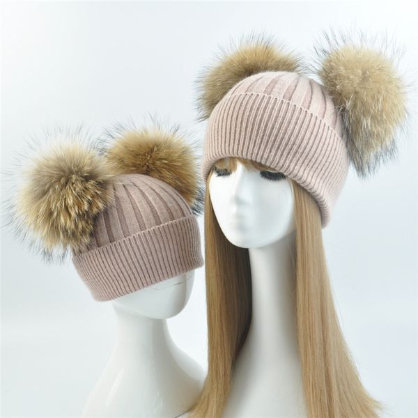 

winter hat for children mom and baby wool cashmere parent-child outfit kniteed cap natural double real fur pompom beanie hat