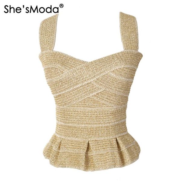 

she'smoda элегантный оборками бинты gold тонкий push up женщин в спандекс club party танк camis vest, White