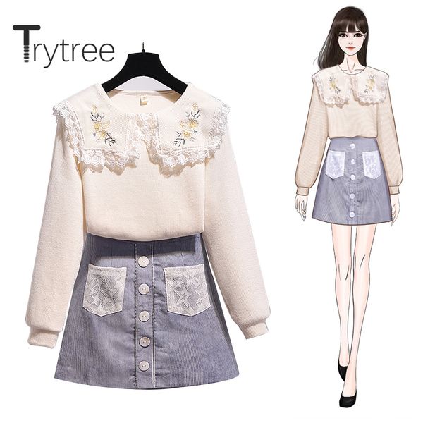 

trytree 2020 spring woman two piece set casual peter pan collar lace embroidery knitted + skirt mini pockets set 2 piece, White