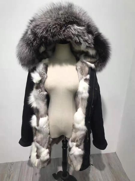 Immagini reali Pellicce Mukla marca finiture in pelliccia di volpe argentata Cappotti da donna resistenti al freddo fodera in pelliccia di volpe bianca e nera parka lunghi neri