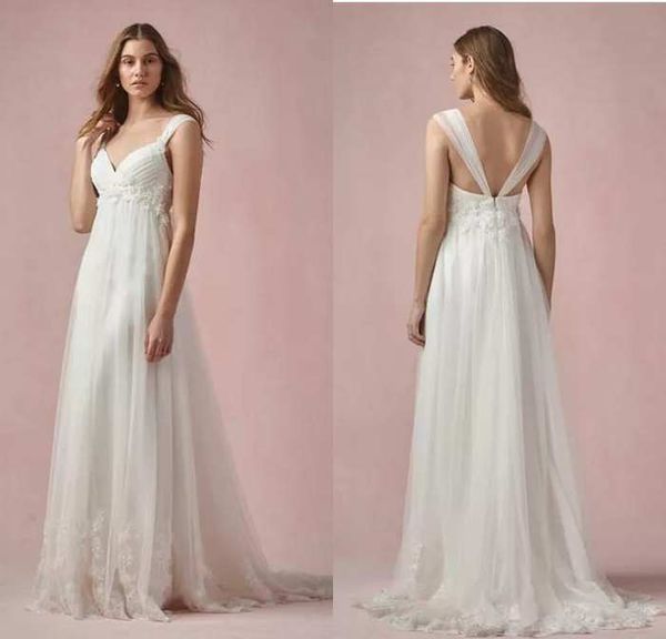 Estilo de praia uma linha com decote em v império cintura vestidos de casamento varredura trem branco tule apliques rendas feito sob encomenda boho casamento vestido de noiva 258k