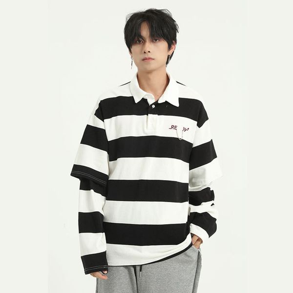

male women couple streetwear hip hop tees shirts men embroidered chain vintage casual loose stripe long sleeve polo shirt, White;black