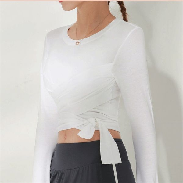

new solid color breathable lace knotted long sleeve workout female running quick dry breathable femme t-shirt, White;red